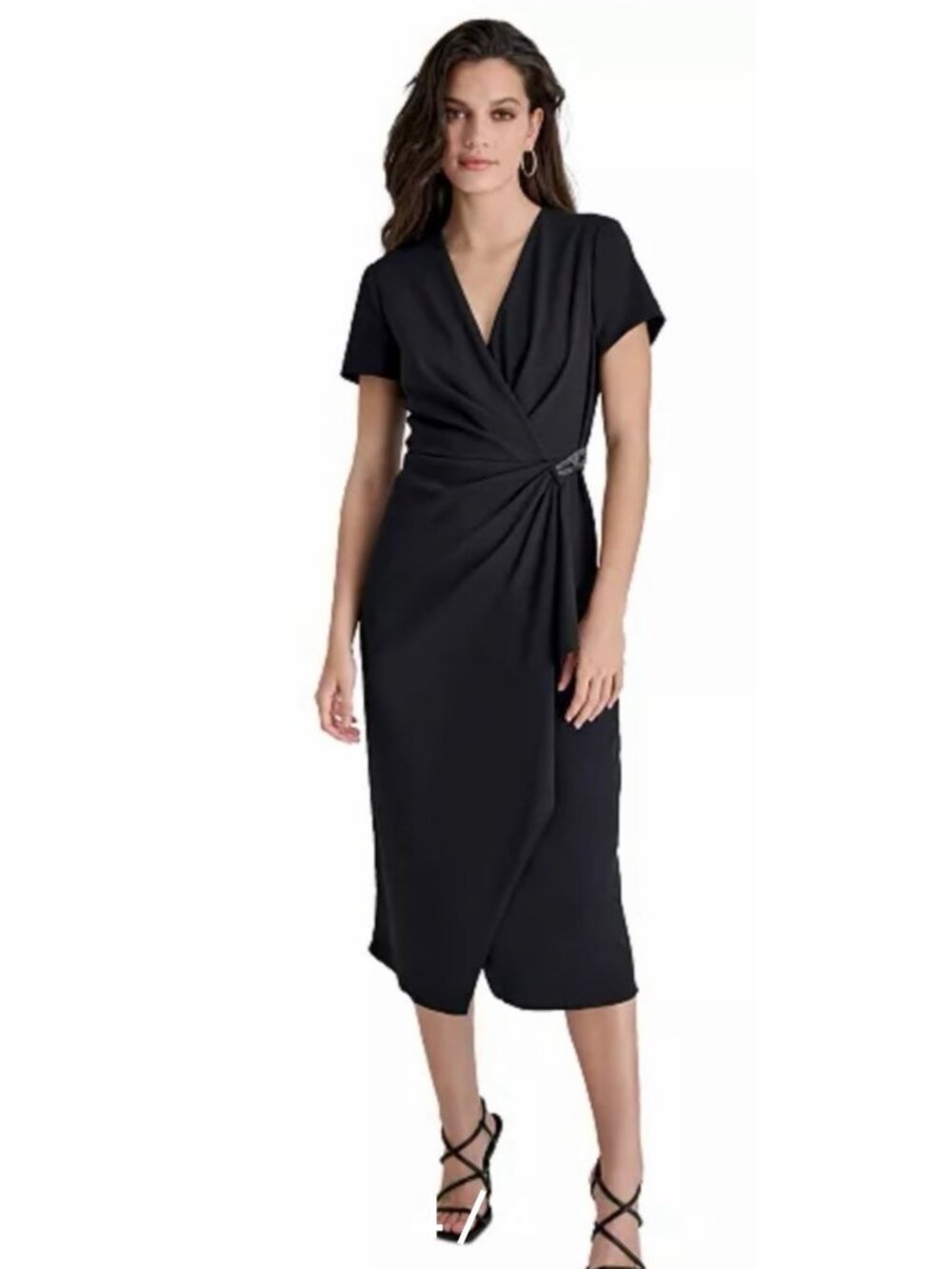 DKNY Black Knot Detail Short Sleeve Pleaded Faux Wrap Women's Dress Size 2